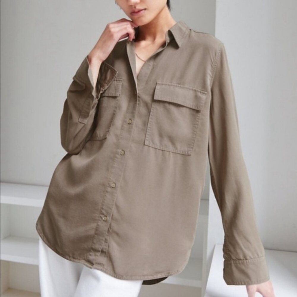 Aritzia Babaton Utility Button Up Shirt Tan Neutral Lyocell Blouse Size S